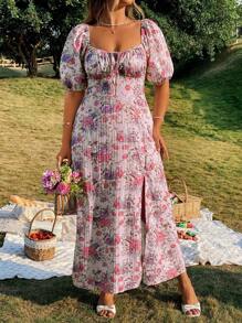 SHEIN LUNE Plus Size Women Floral Print Puff Sleeve Elegant Dress, Vacation Dress - Pink - View 4