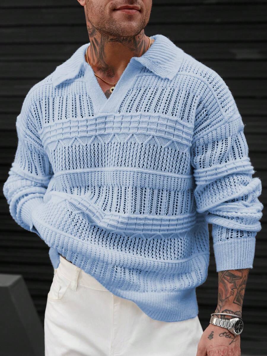 Manfinity Homme Men's Solid Color Drop Shoulder Long Sleeve Hollow Out Casual Sweater - Blue - View 1