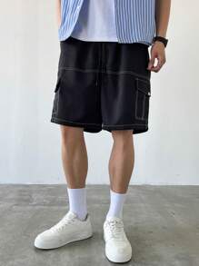 Claim Dot Men's Black Woven Fabric Cargo Shorts With Contrast Stitching And Zipper Detail - Black - View 5