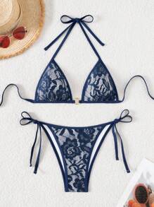 Swim Mod Women Solid Lace Halter Swimsuit & Triangle Swimming Trunks Set, Fashionable For Summer