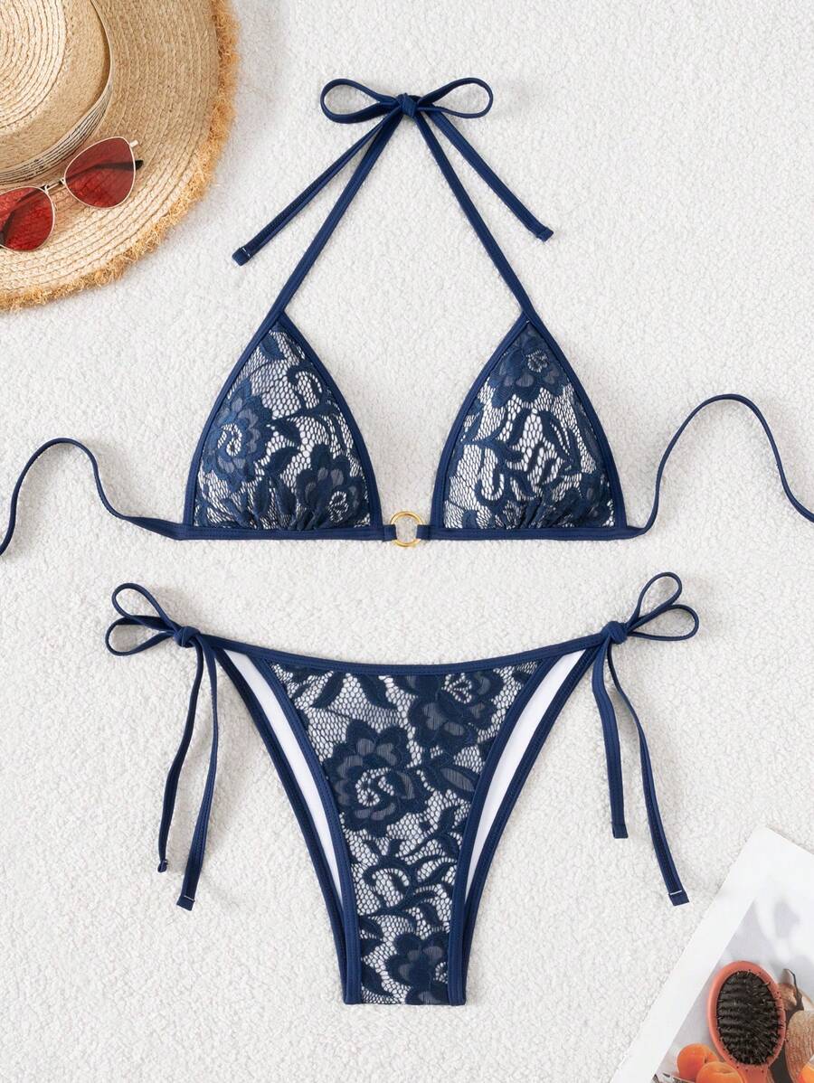 Swim Mod Women Solid Lace Halter Swimsuit & Triangle Swimming Trunks Set, Fashionable For Summer