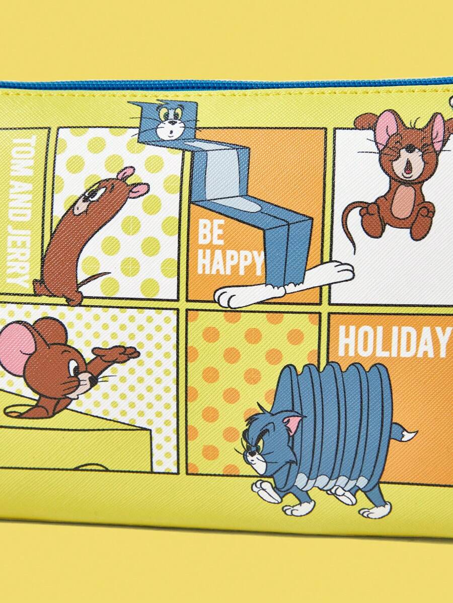 TOM & JERRY X SHEIN Yellow Cartoon Storyboard Print Zipper Stylish Storage Bag - Yellow - View 1