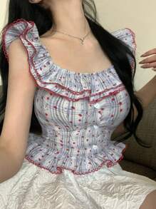 DAZY Áo kiểu nữ mùa hè gợi cảm, phối màu kẻ sọc, bèo nhún, dáng ôm, trễ vai, in họa tiết thực vật, tay ngắn, thích hợp cho kỳ nghỉ hè, kiểu áo croptop, áo trễ vai. - Màu xanh lam - Xem 11