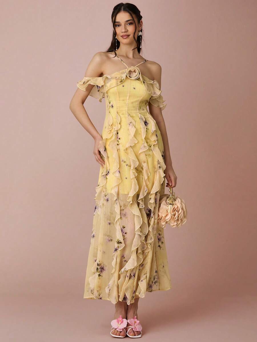 Enchnt Đầm dài hở vai in hoa thanh lịch cho nữ - Màu vàng - Xem 1