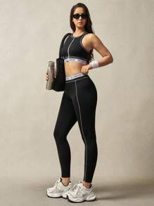 VARSIVA Women's High Waisted Letter Tape Contrast Trim Sports Leggings - Black and White - View 4