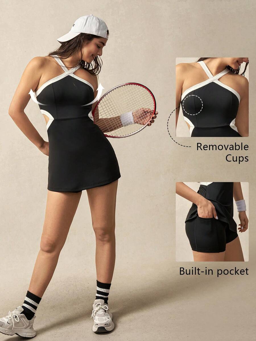 VARSIVA Women's Contrast Trim Open Back Halter Neck Sports Mini Dress - Black and White - View 1