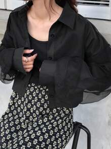 FRIFUL Women's Black Loose Short Mesh Shirt Design, Spring Long Sleeve Top - Black - View 3