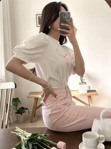 DAZY Women's Round Neck Short Sleeve Bow Print Casual Top, Everyday Wear,Graphic Tees,Back To School Clothes - White - View 3