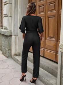 EURMUSE Women's Solid Color V-Neck Batwing Sleeve Waist Hollow Out Pleated Jumpsuit Women S Clothes Women Summer Clothing Women Summer Sets