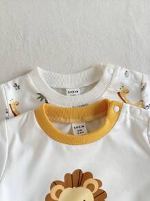 SHEIN 2pcs/Set Infant Baby/Newborn Unisex Ribbed Crew Neck White T-Shirt TOP, Cartoon Lion & Giraffe Animal Print, Cute Casual Versatile Comfortable, 0-3 Months,Spring/Summer New Arrival, Suitable For Outings, Vacation, And Birthday Party Baby Unisex Clothes - White - View 8