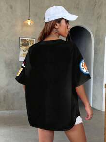 SHEIN EZwear 女士宽松纽扣式短袖衬衫棒球夹克，适合夏季 - 黑色 - 查看 2
