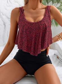 SHEIN Swim Women's Full Print Crop Top Tankini Swimsuit Set For Summer Beach - Burgundy - View 1