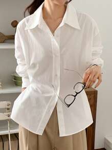 DAZY Women's Striped Polo Collar Fitted Blouse, Business Casual, Blue, Spring/Summer/Autumn Preppy Tops,Fall Women Clothes Long Sleeve Top - White - View 8