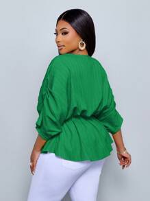 SOLERSUN Áo sơ mi tay ngắn xếp ly bèo nhún cổ chữ V màu trơn mới cho nữ mùa xuân và mùa hè cỡ lớn, áo thường ngày, rộng rãi, thoải mái khi đi chơi - màu xanh lá - Xem 2