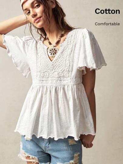 Bohemela 女士休闲纯色 V 领短袖宽松 T 恤