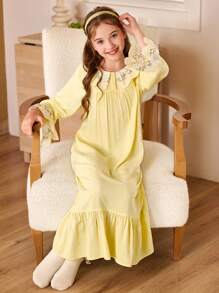 SHEIN 刺绣蕾丝领浪漫荷叶边拼接宽松长袖女童睡袍 - 黃色 - 查看 4