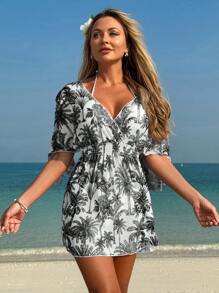 Swim Lushoire 女士海滩度假热带面料网眼印花松紧腰中长款深V领休闲罩衫 - 黑與白 - 查看 3