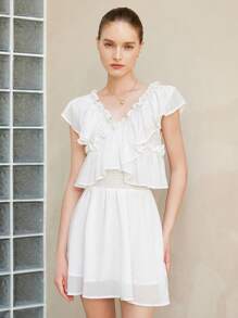 Aveloria New Elegant French Style V-Neck Ruffled Hem Cross-Front Convertible Shoulder Short Dress For Women, Chic And Age-Reducing   Old Money Style For Summer Spring Fall Autumn - White - View 5