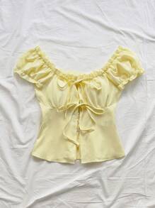 Soleia New Casual Resort Western Beach Wedding Guest Blouse, Graduation Brunch, St. Patrick's Day, Spring Break, Easter, Music Festival, Elegant Bohemian Tropical Ruffle Tie Waist Casual Vacation Textured Tie Front Blouse - Mustard Yellow - View 4