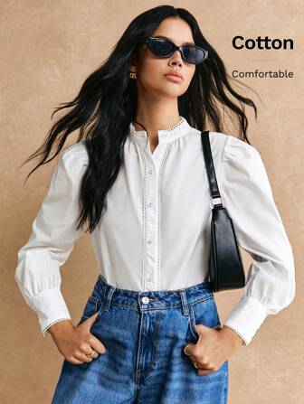 Poéselle 100% Cotton Lace Detail Lantern Sleeve Blouse