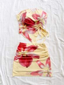 Soleia 2 件套：针织网眼浪漫黄色背景粉色花卉吊带抽绳上衣和合身大腿开叉下摆迷你裙，女士浪漫休闲度假装，适合派对、海滩、夏季 - 彩色 - 查看 7