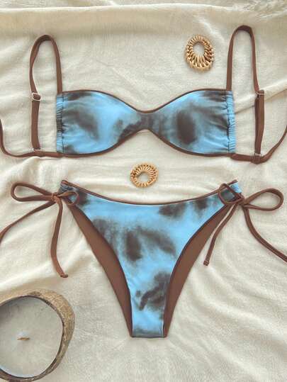 Swim Vcay Spaghetti Strap Random Print V-Neck Sexy Regular Women All Season Bikini Set And Side Tie-Up Swimshorts Set For Summer Beach Vacation