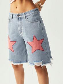 Bohemela BOHO Cowgirl Outfit Star Print Raw Hem Bermuda Shorts