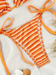 SHEIN Women's Stripe Print Cross Halter Backless Sexy Bikini Set For Beach Vacation - Orange - View 3