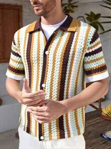 Manfinity CityGents Camisa de punto de manga corta con botones frontales y calado para hombre, ideal para el verano
