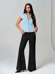 TRNVIE Smog Blue Cinched Waist Button V-Neck Casual Elegant Women Cap Sleeve Blouse - Baby Blue - View 6