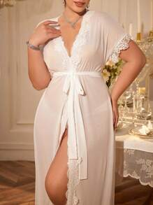 SHEIN Lace Trimmed Semi-Sheer Sexy Robe - White - View 5