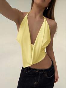Aloruh New Sexy V-Neck Wrap Tied Shoulder Strap Double Layer Hem Backless Sleeveless Solid Color Tank Top