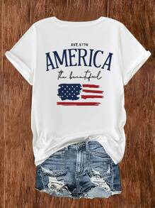 SHEIN LUNE Women Summer Short Sleeve Casual T-Shirt With Letter And American Flag Print - White - View 2
