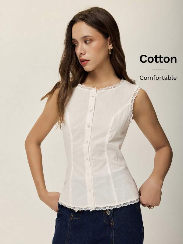 Poéselle Femei cămăși mâneci culoare solidă simplu casual top vestă albă cămașă elegantă dantelă patchwork vestă cu nasturi topuri femei cămăși haine boho plajă