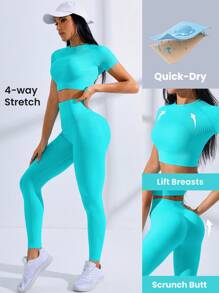 SHEIN Core Rhythm 女士纯色露脐上衣和紧身裤无缝运动套装 健身服 女士运动套装 女士运动服装 - 薄荷綠 - 查看 3