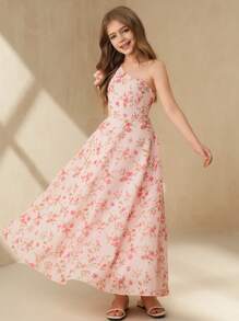 SHEIN Vestido de fiesta con estampado floral de manga corta elegante para niña preadolescente - Rosa - Ver 3