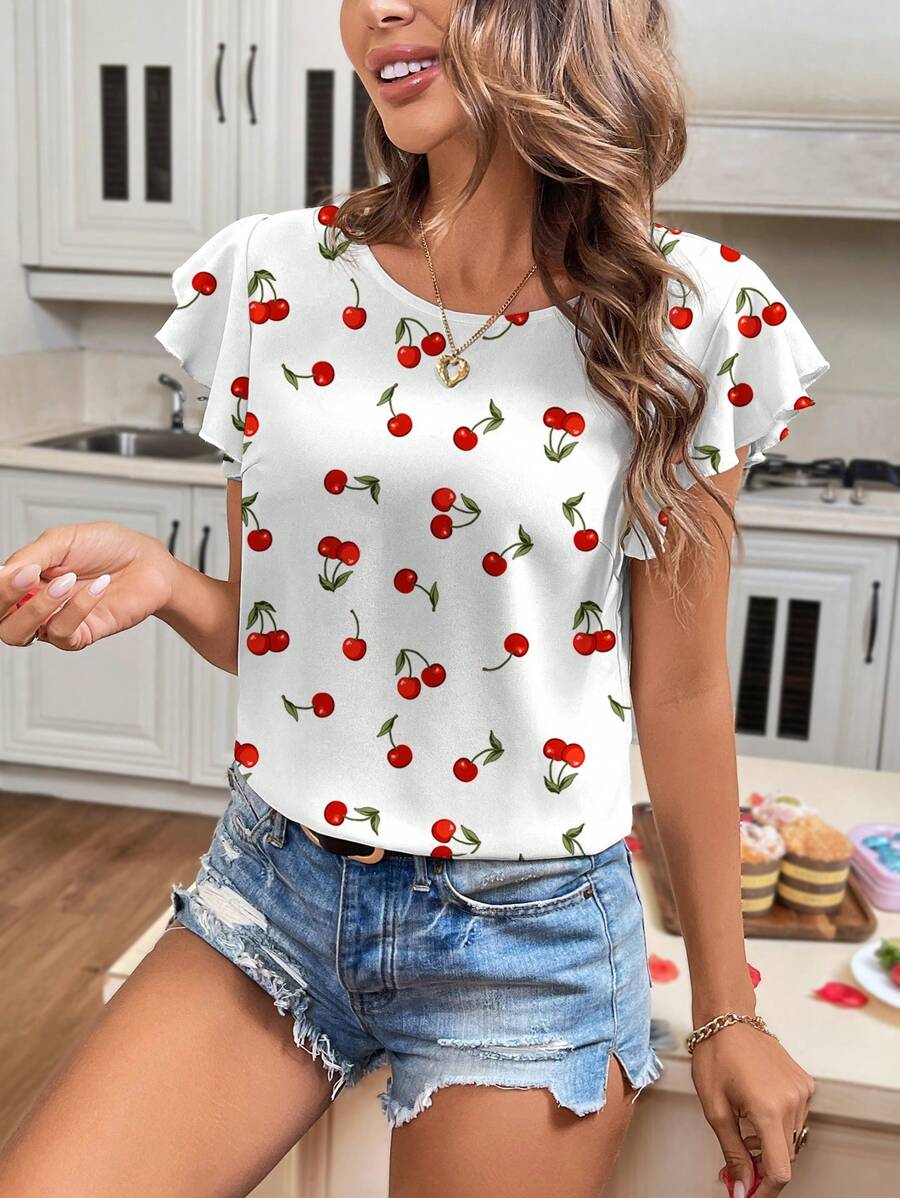 SHEIN LUNE Blusa de mujer de talla grande de verano con cuello redondo, mangas con volantes y estampado de cerezas - Blanco - Ver 1