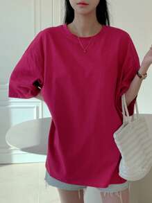 DAZY 新款字母印花宽松休闲海滩度假女士T恤，夏季超大码T恤，图案T恤 - 玫紅色 - 查看 3