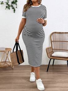 SHEIN 加大码孕妇条纹开衩下摆修身连衣裙