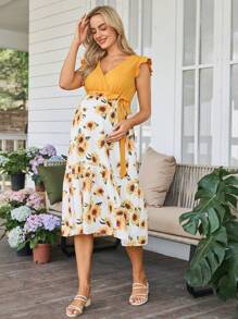 SHEIN Maternity Casual Contrast Color Patchwork Sunflower Print Dress  Sunflower Print Women Summer Clothes Dress Woman S Summer Clothes