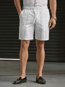 Mainfolk 100% Cotton Men's Woven Fashionable Casual Mature Pleated Workmanship Slim Fit Solid White Elastic Waist Straight Leg Shorts, Travel Essentials - White - View 4