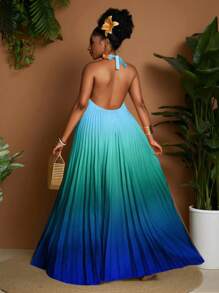 Maweii Plus Size Women Sexy Gradient Print Halter Pleated Decor Versatile Fashion Dress, New Spring/Summer - Multicolor - View 1