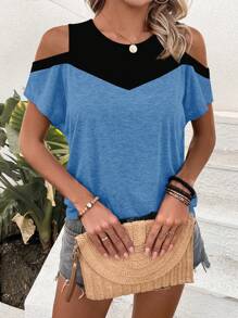 SHEIN LUNE Camiseta de bloque de color con hombros abiertos, blusas gráficas para mujer - Multicolor - Ver 6