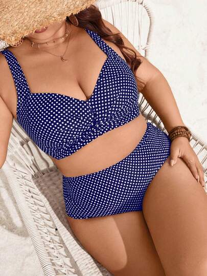 Swim Lushoire Plus Size Women 2pcs Printed Thick Strap Twist Knot Top & High Waist Bikini Bottom Swimsuit Set, For Holiday For Summer Beach Vacation