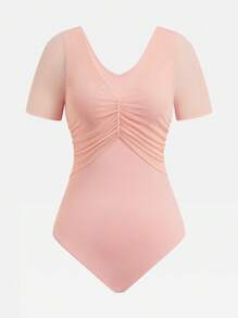 Dansine Women's Short Sleeve Tight-Fitting Ballet Leotard, Adult Gymnastics/Dance Tight-Fitting Top, Solid Color With Sexy V-Neck Mesh Accent, Ballet Dance Costume, Short Sleeve Dress