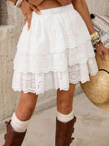 SHEIN LUNE Women's White Boho Mini Skirt: Woven Fabric, Tiered Layers, And Semi-Sheer Design For A Chic Summer Look - White - View 1