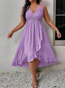 SHEIN VCAY Plus Size Mauve Purple Midi Dress With Crochet Lace Bodice And Ruffle Wrap Hem For Casual Summer Style - Mauve Purple - View 3