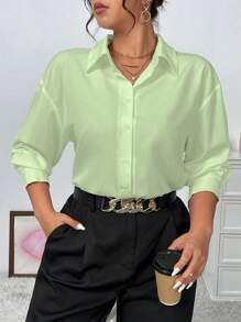 Elenzga Plus Size Women Solid-Color Woven Long Sleeve Casual Elegant Office Lady Blouse, For Thanksgiving Women Shirt