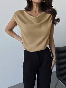 Firerie 优雅纯色绉布休闲工作无袖不对称褶领女式衬衫，适合约会、通勤和日常办公室穿着，春夏季 - 卡其色 - 查看 6