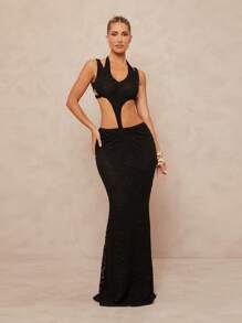 Lumalex Outing Swimsuit Swimwear Swim Cover-Up Bikini Set Fairycore Summer Swimsuit Swimwear Swim Vacation Elegant Easter Bohemian BOHO Sea Beach Hot Outdoor Richly Layered Wedding Season Banquet Coming Of Age Ceremony Beach Seaside Women's Low Cut Backless Textured Sheer Floral Dress - Black - View 3